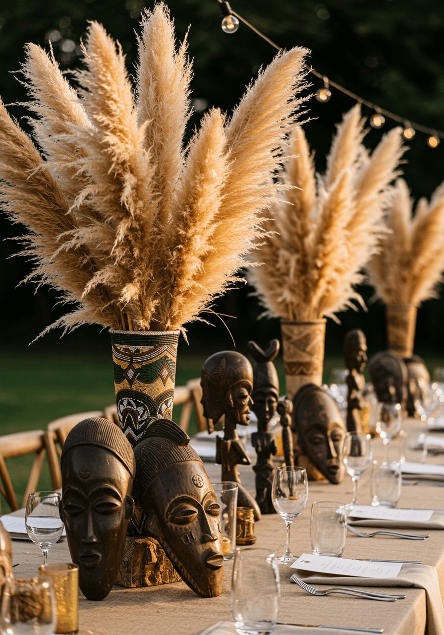 Detail shot of sophisticated centerpiece arrangement combining towering pampas grass with handcrafted African masks and beadwork on natural linen runners