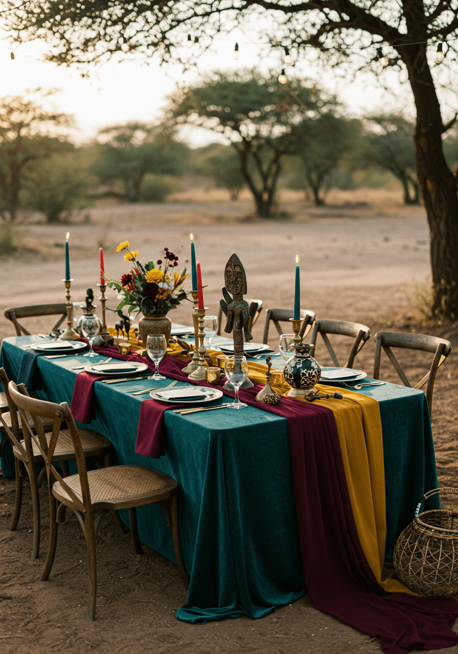 Close-up of luxurious outdoor table setting featuring rich colors, textured pottery, and cultural centerpiece elements in natural garden setting