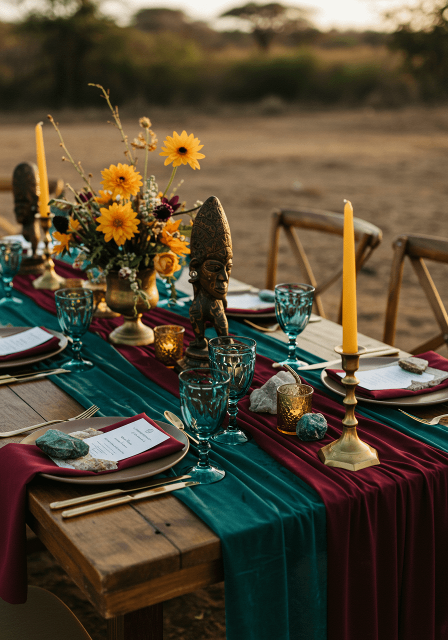 Elaborate outdoor wedding tablescape with jewel-toned linens in burgundy and deep teal with ornate African-inspired centerpieces and brass candlesticks