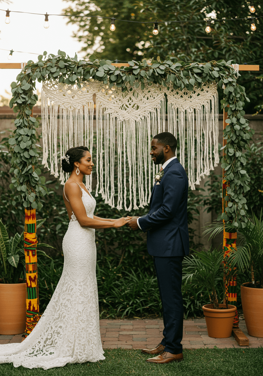 Detailed view of couple's vow exchange beneath intricate macrame and kente fabric ceremonial arch in lush garden courtyard setting