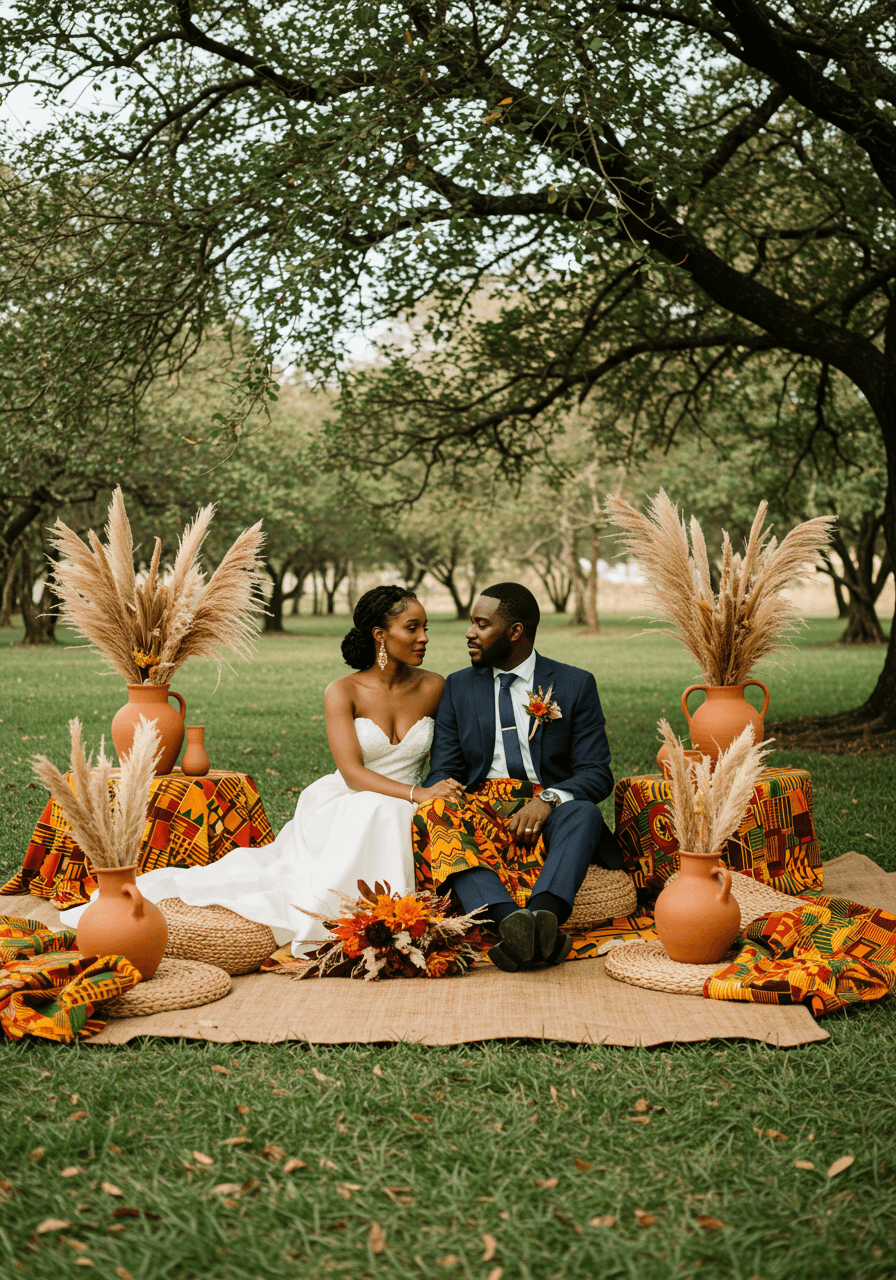 Bride and groom sitting on woven grass mats surrounded by vibrant kente cloth table runners and terracotta pottery in sun-dappled garden setting
