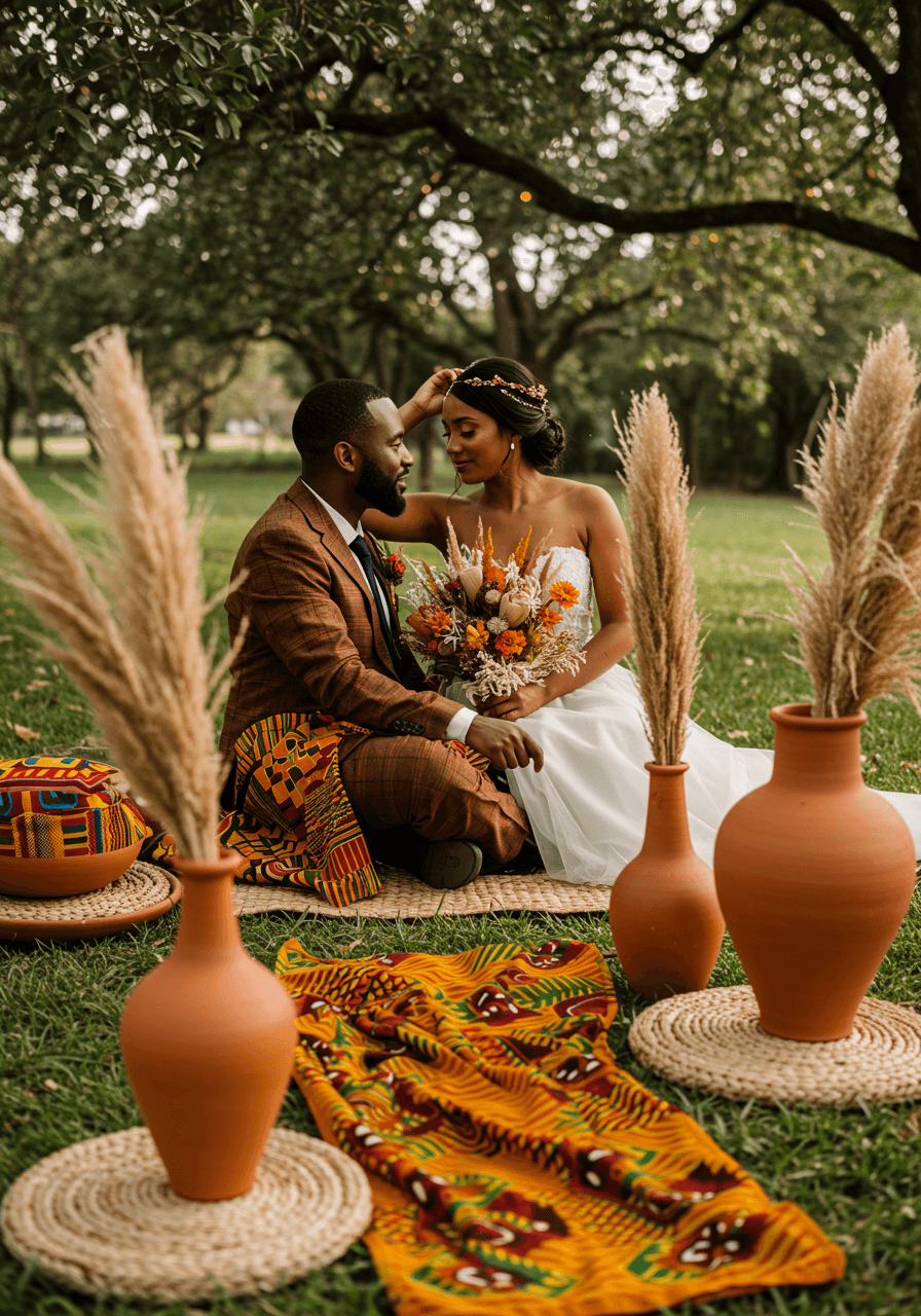 Intimate portrait of couple surrounded by traditional African textiles and clay vessels during golden hour outdoor celebration