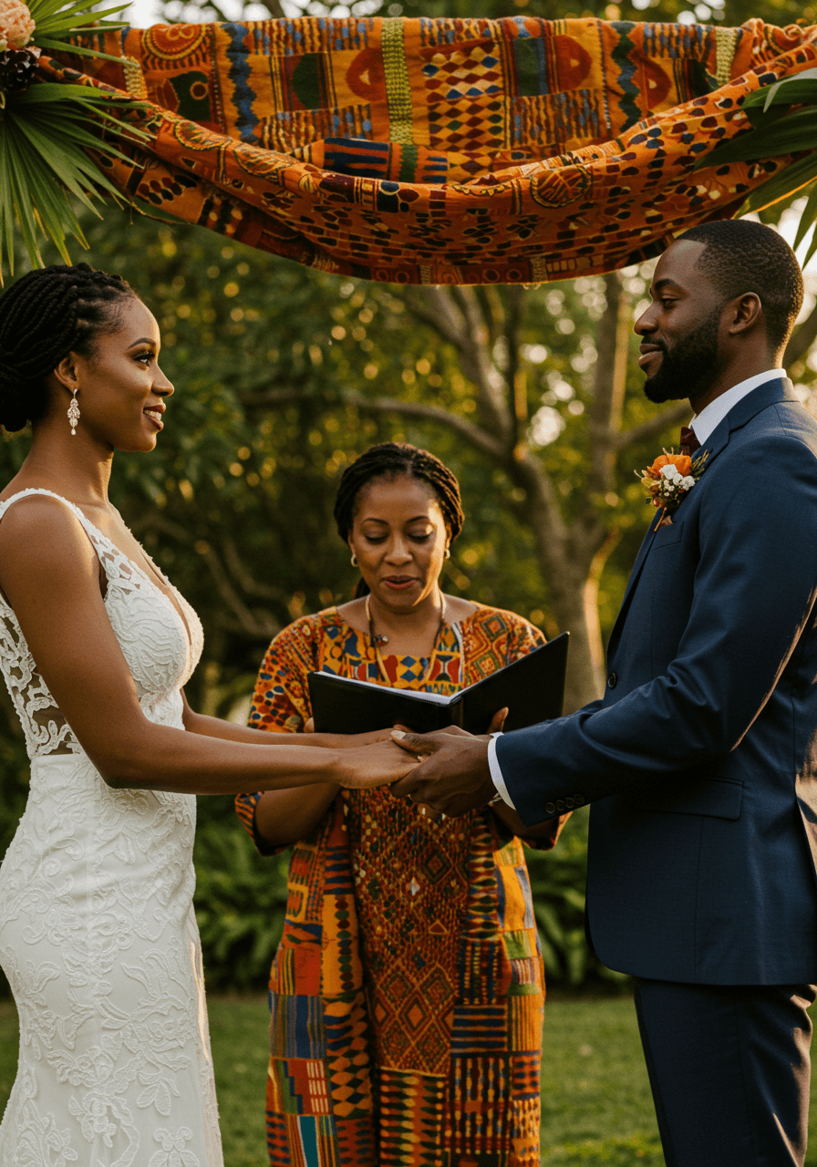 Detailed view of textile-draped wedding arch featuring traditional African patterns in orange, blue, and brown during intimate ceremony moment