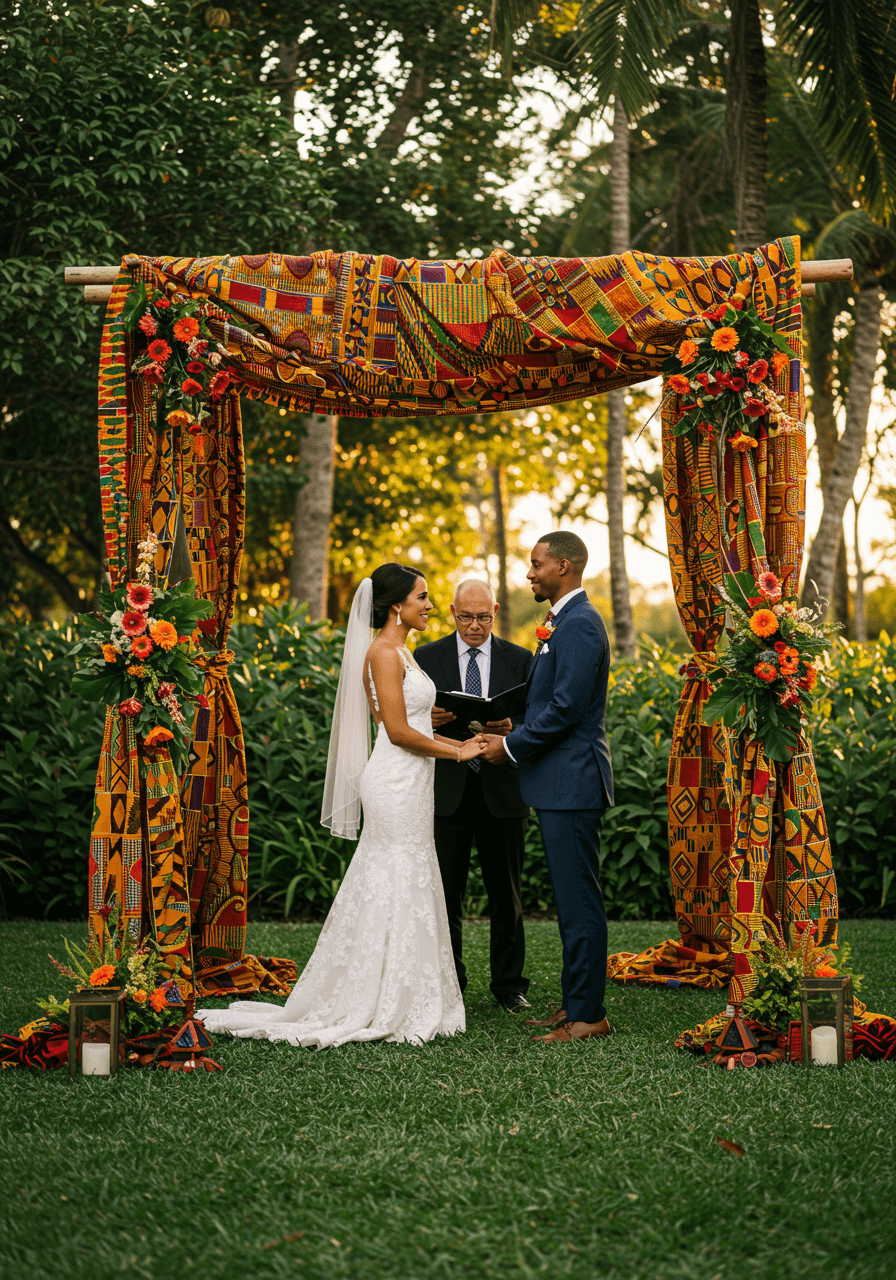 Bride and groom exchanging vows under ceremonial arch draped with vibrant kente cloth and mudcloth textiles in lush garden setting during golden hour