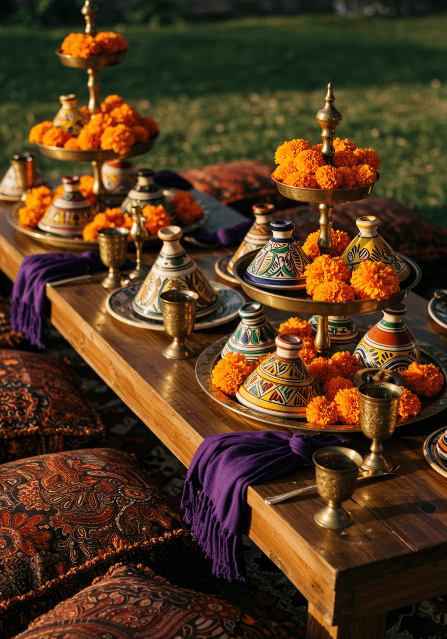 Moroccan-African fusion wedding tablescape with tiered brass serving platters and colorful tagines on low wooden table surrounded by floor cushions