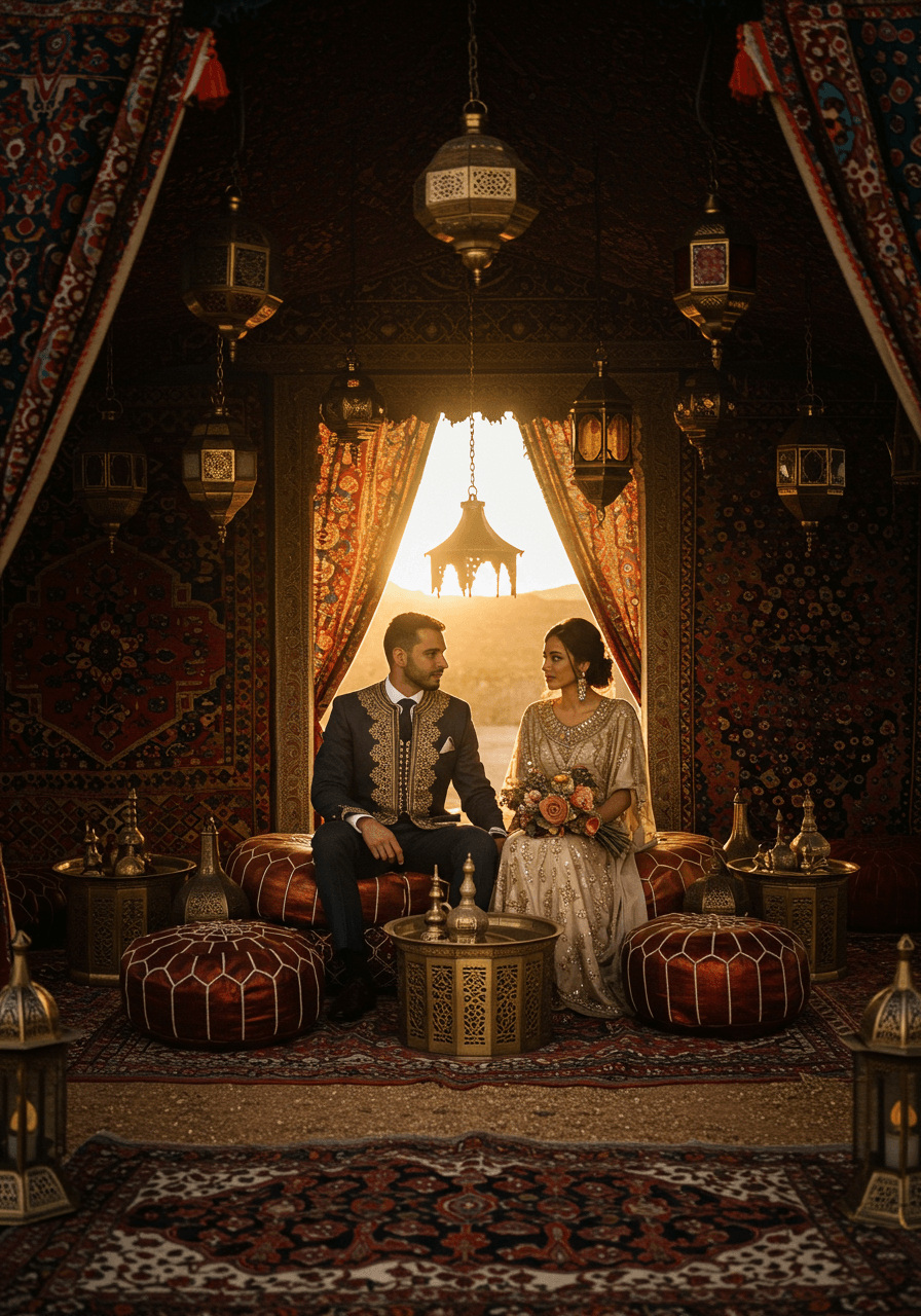 Bride and groom sitting on ornate Moroccan poufs in luxurious tent adorned with rich tapestries and brass lanterns during golden hour