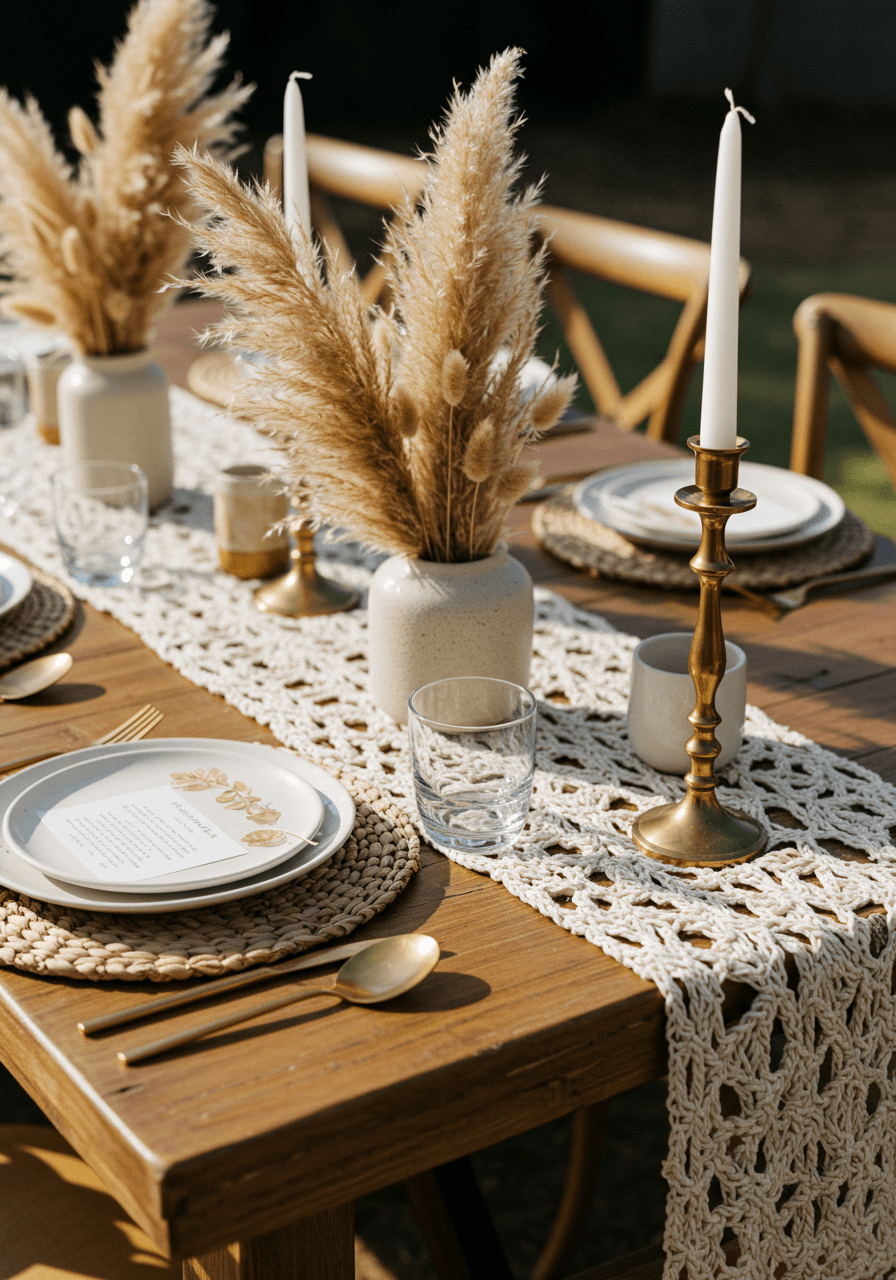 Detailed close-up of natural wedding reception table with woven jute runners, dried pampas grass centerpieces, and unglazed ceramic dinnerware on raw wood