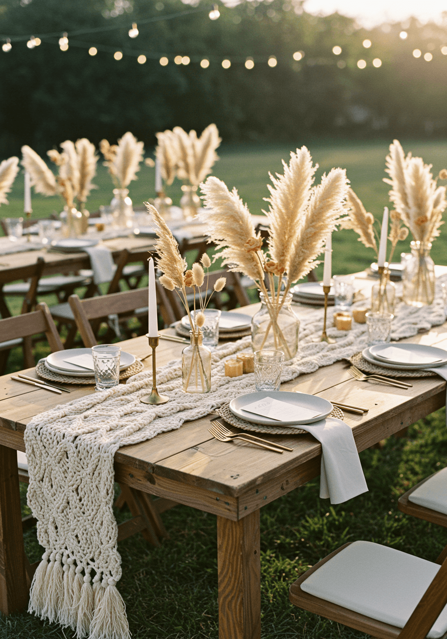 Rustic wooden farm table adorned with natural textures including jute table runners and ceramic plates during late afternoon lighting