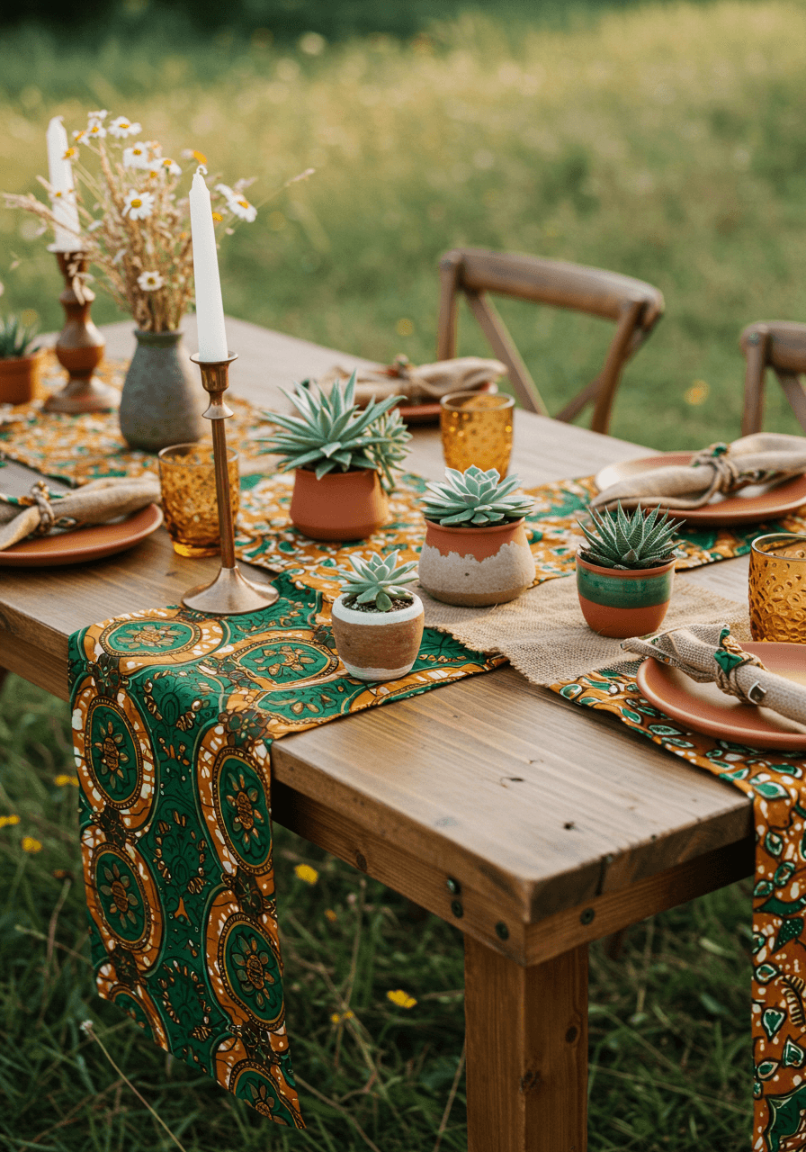 Rustic wooden farm table adorned with vibrant Ankara fabric table runners and succulent centerpieces in handcrafted ceramic pots set in wildflower meadow