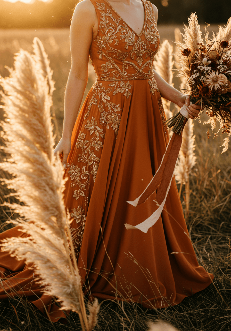 Close-up detail of terracotta silk bridal gown featuring intricate gold embroidery work set against cream pampas grass background