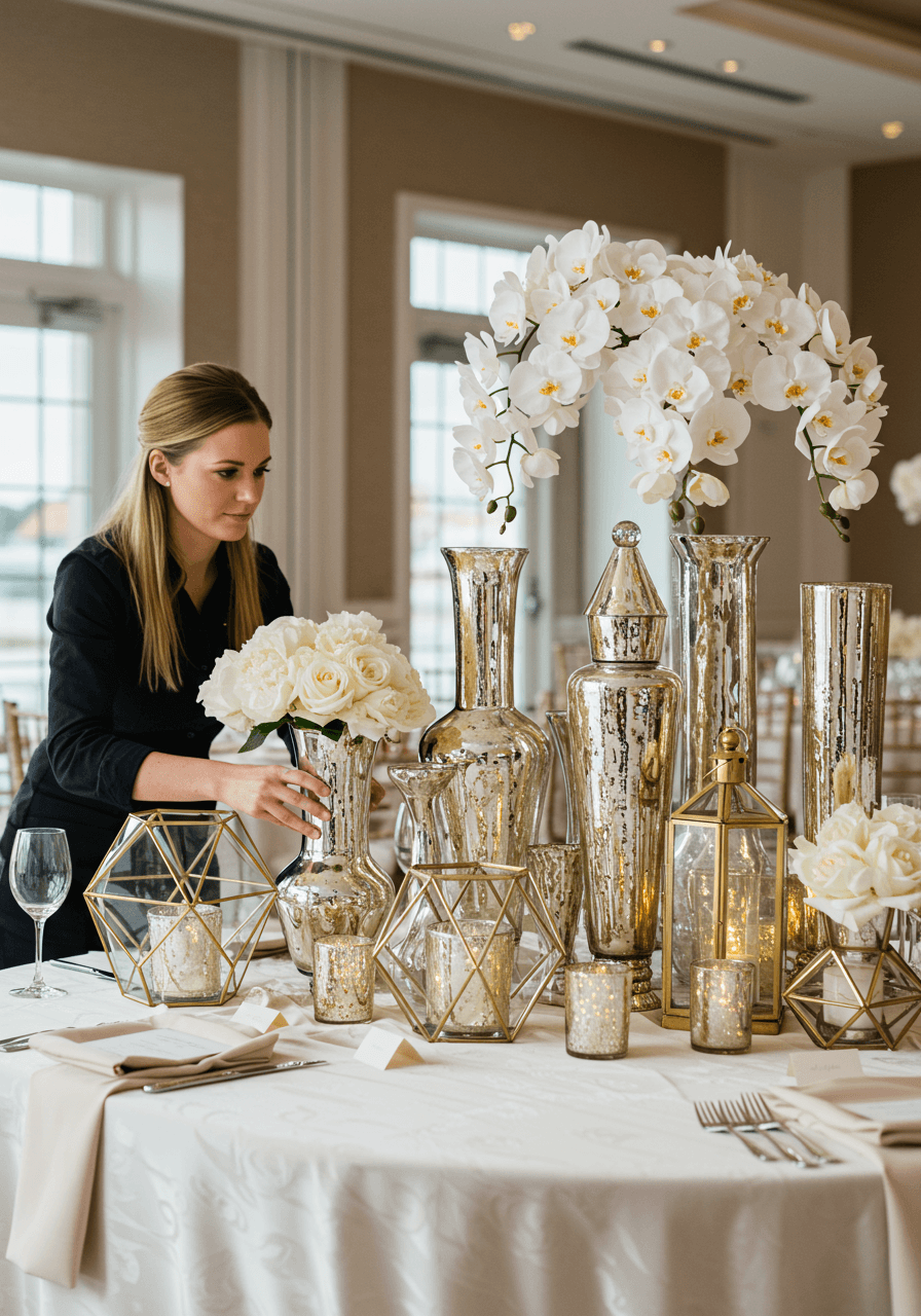 Wedding planner styling mercury glass vases with white orchids and metallic geometric lanterns