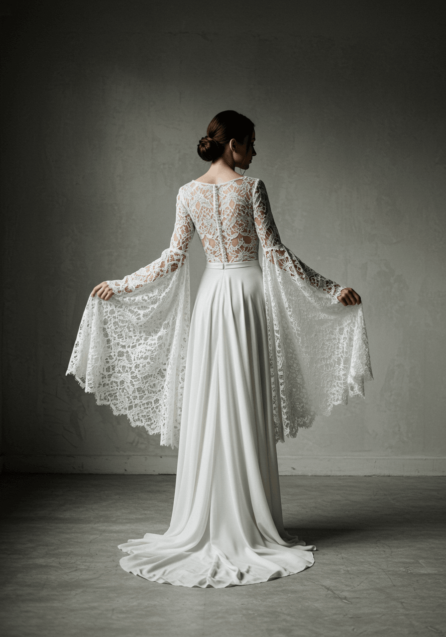 Bride in bohemian lace wedding dress with dramatic bell sleeves in studio