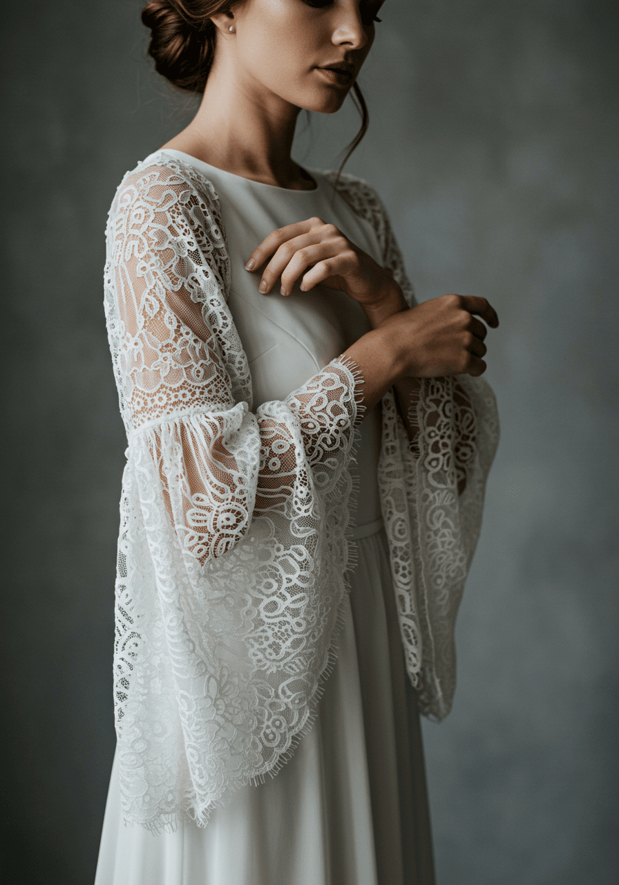 Bride adjusting flowing lace bell sleeves with bohemian styling