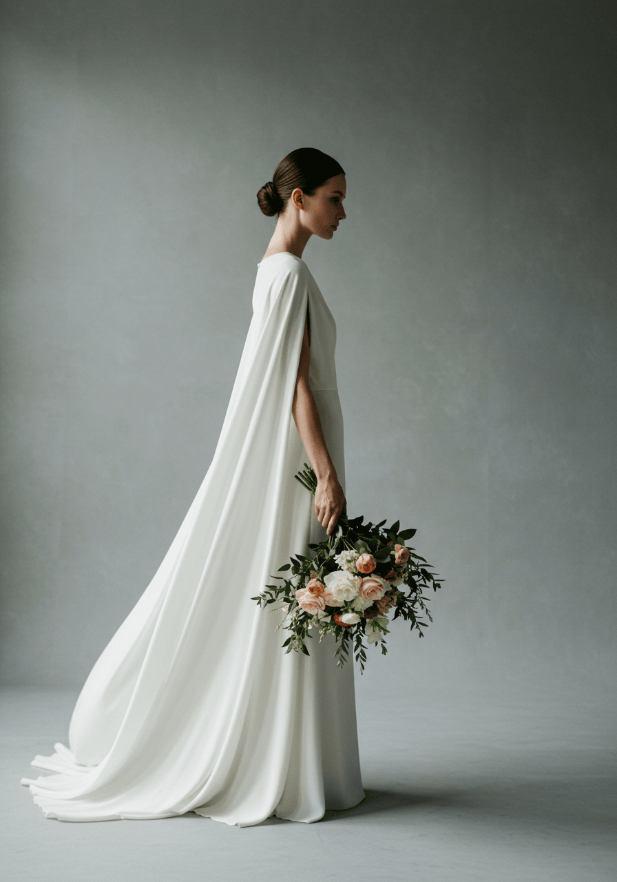 Bride in ivory crepe minimalist gown with elegant cape sleeves in modern studio