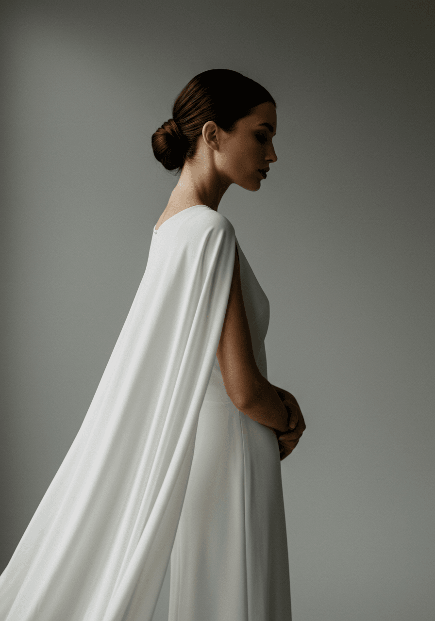 Detail of flowing cape sleeve drape and sophisticated styling