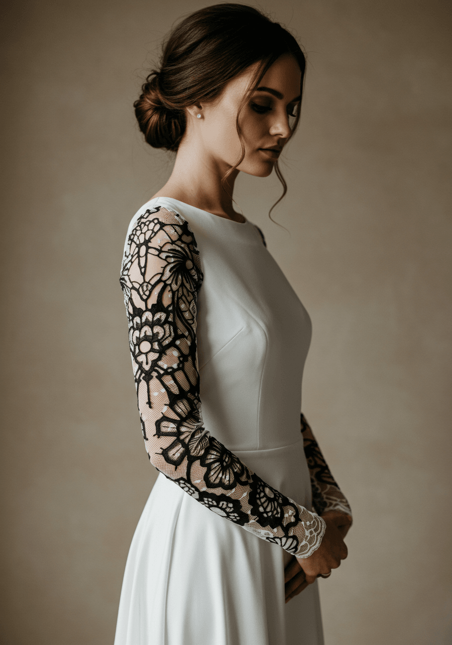 Bride in A-line dress with bold tattoo-style lace appliqués in botanical patterns