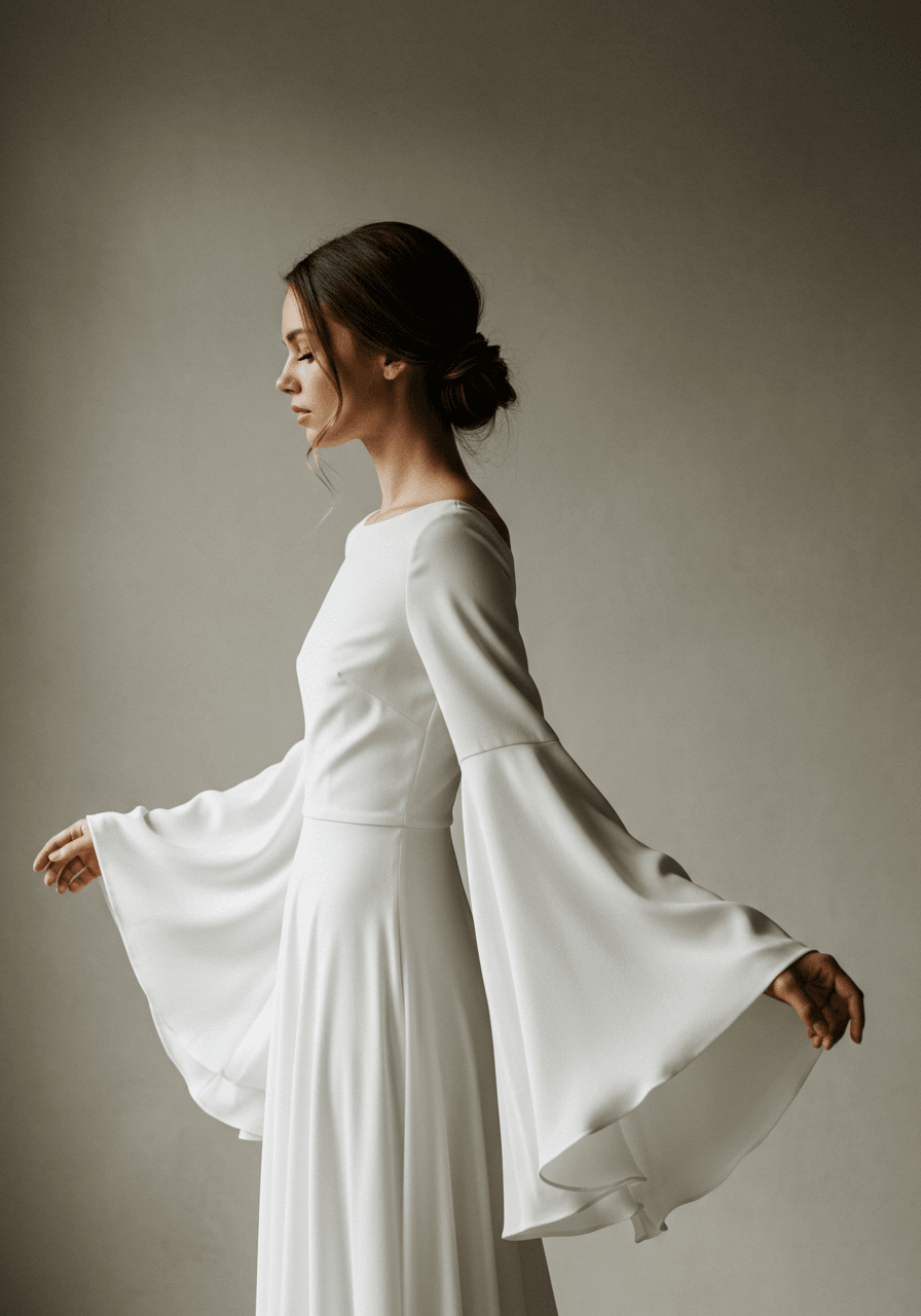 Bride in crepe wedding dress with wide statement bell sleeves extending arms gracefully
