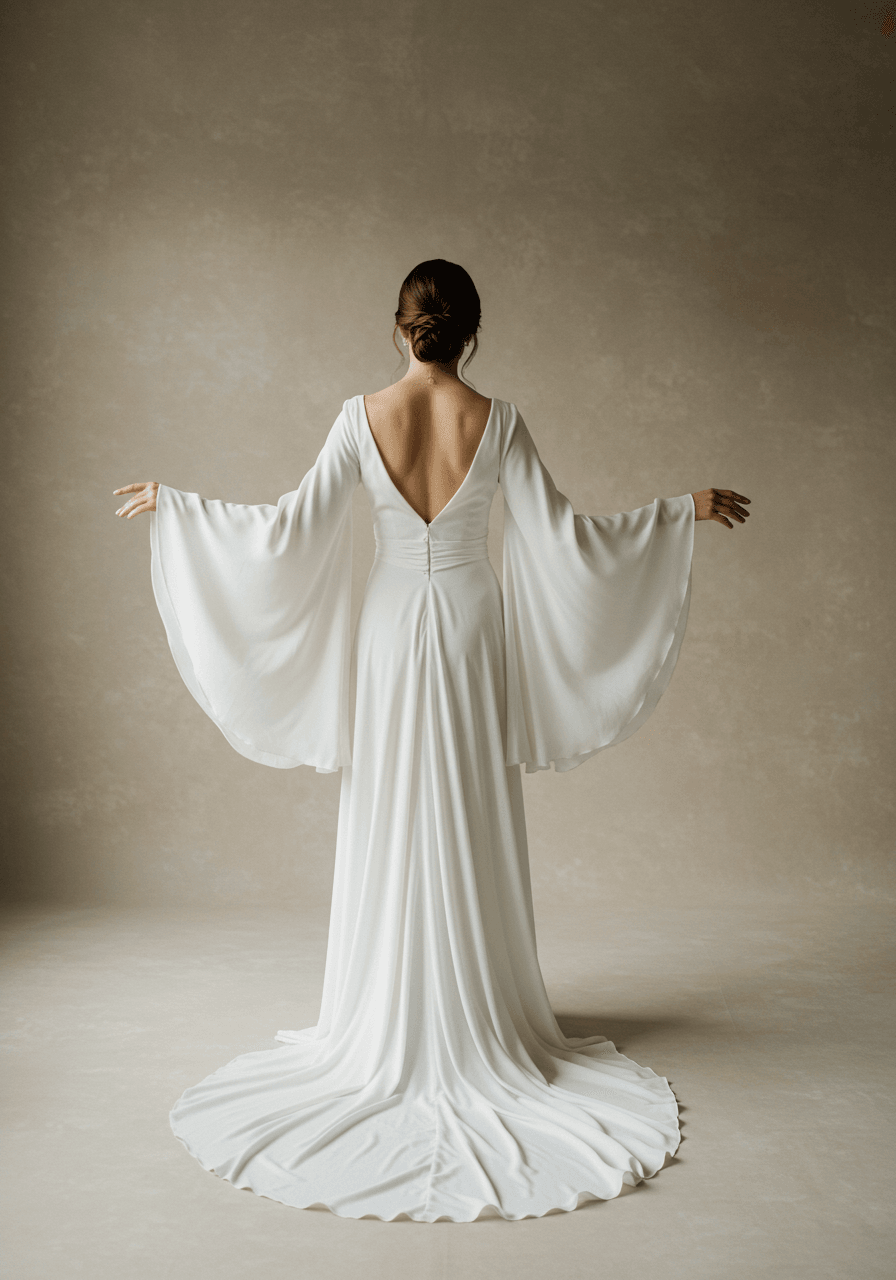 Full body shot showing extended bell sleeve silhouette and modern design