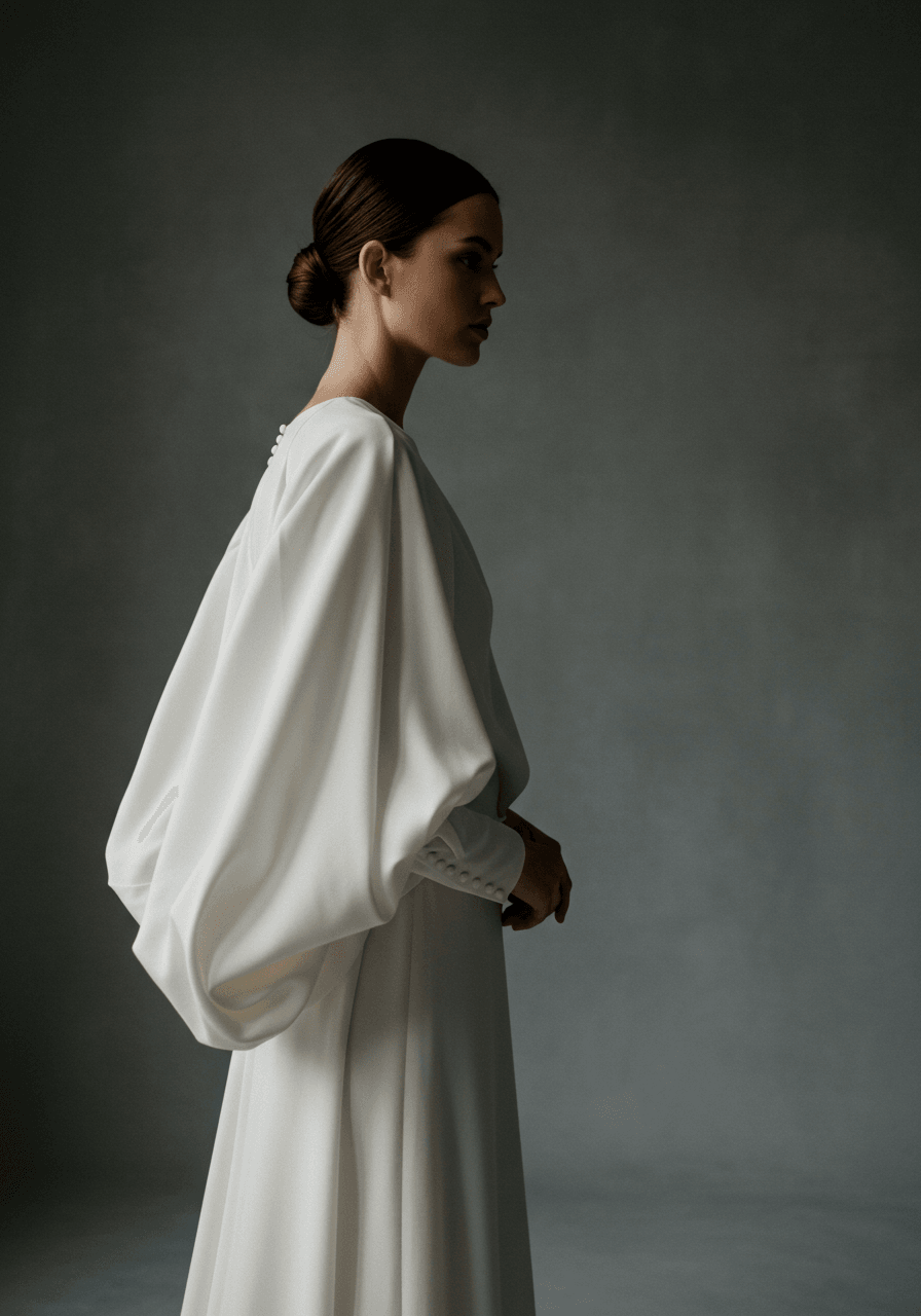 Bride in ivory crepe wedding dress with dramatic bishop sleeves in minimalist studio
