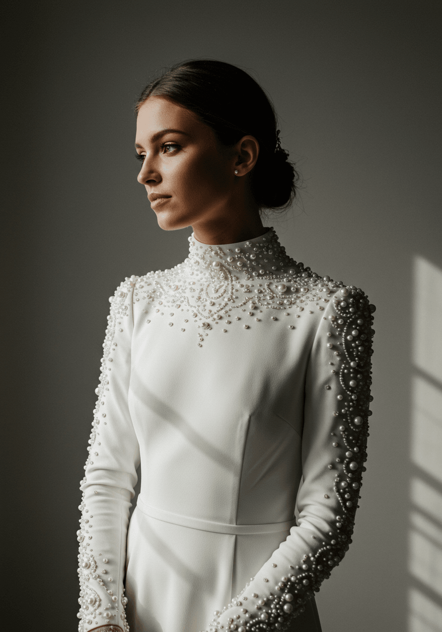 Bride in high-neck wedding dress with intricate pearl beading along neckline and sleeves