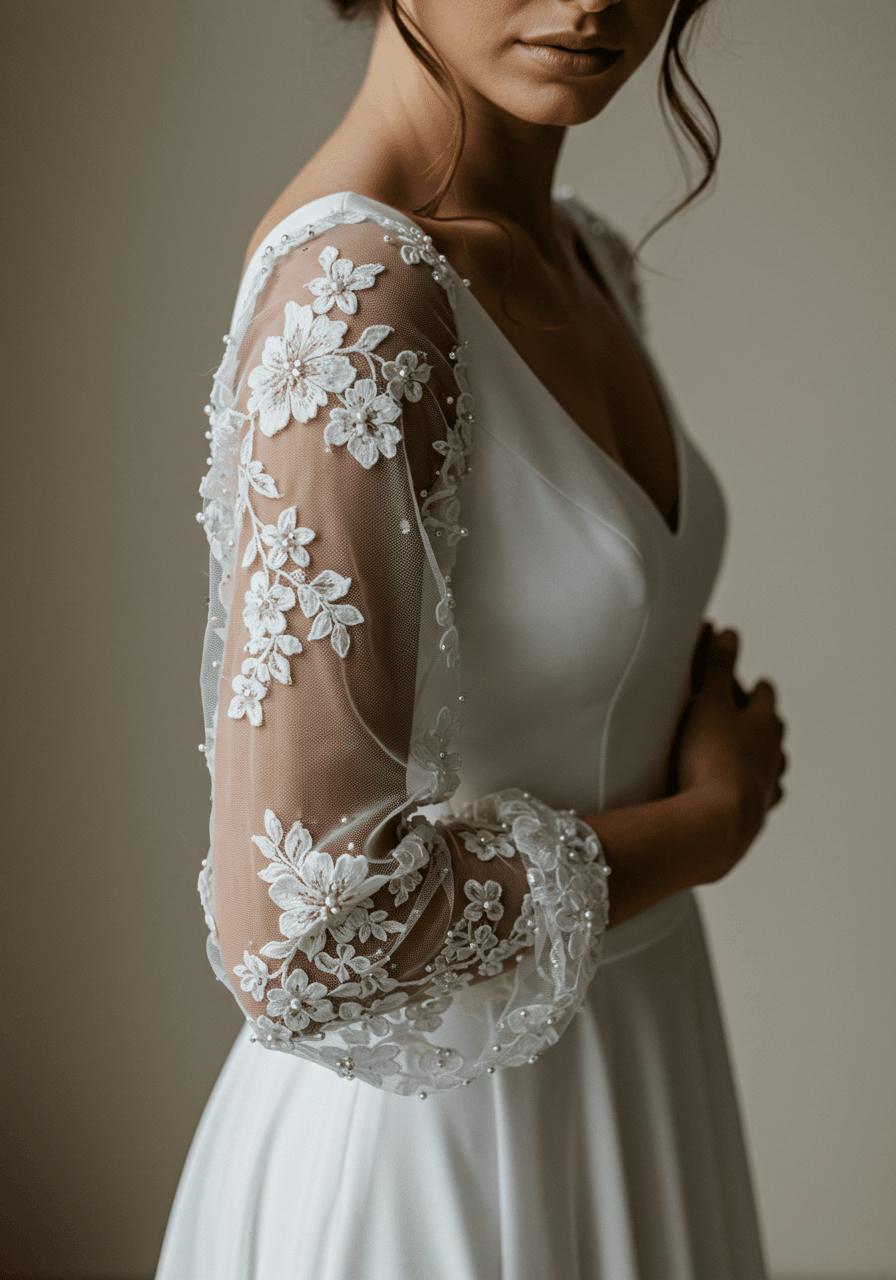 Detail shot of lustrous satin bodice with ethereal sleeve embellishments