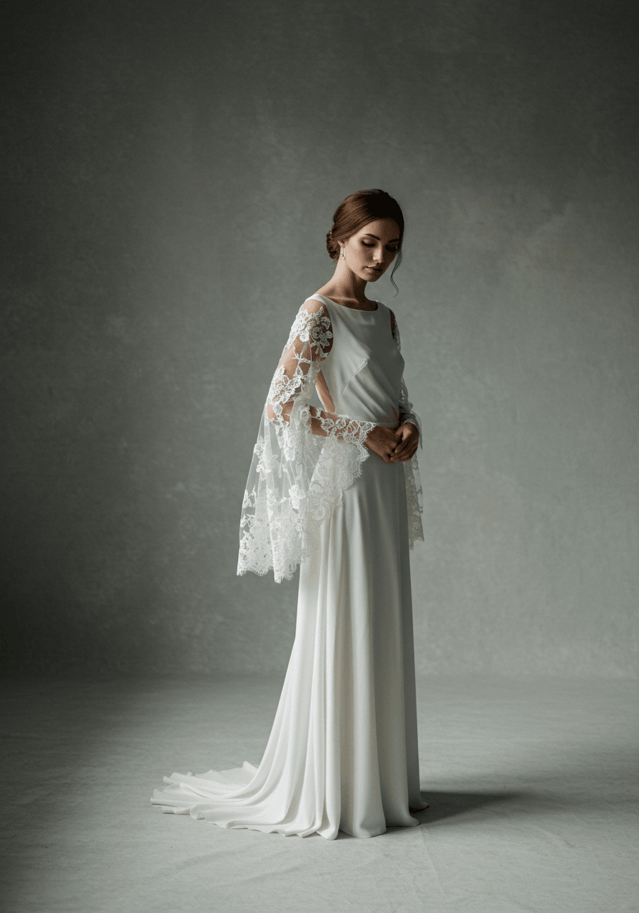 Bride in ethereal wedding dress with delicate illusion sleeves and lace appliqués in studio