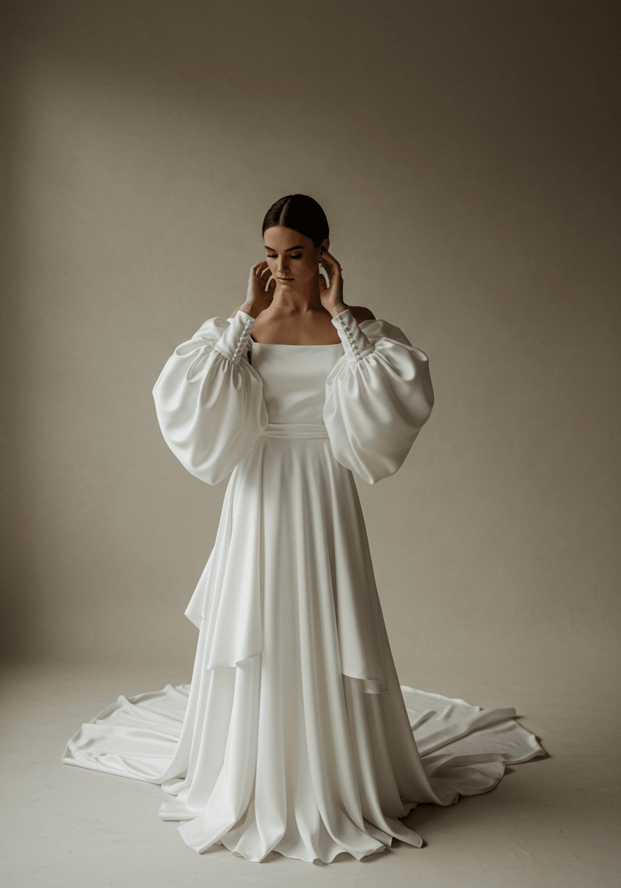 Full body shot showcasing dramatic ruffle details and glamorous silhouette