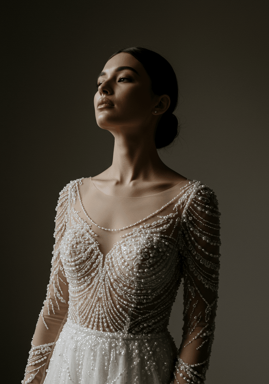 Close-up detail of beaded bodice and sleeve craftsmanship