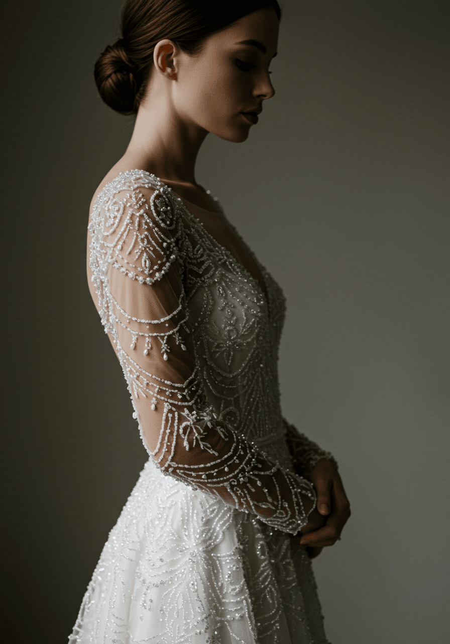 Bride in ivory wedding gown with intricate all-over beadwork on long sleeves in studio