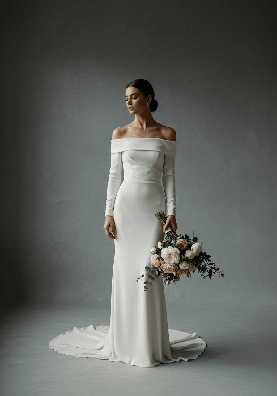 Bride in ivory crepe wedding dress with elegant off-shoulder long sleeves in studio