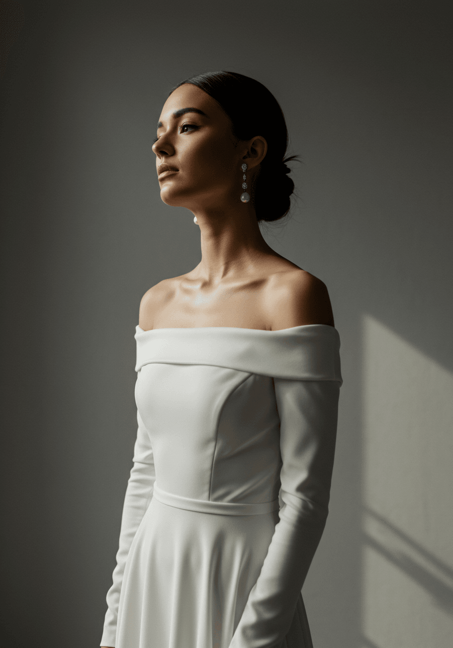 Portrait showing chignon hairstyle and off-shoulder neckline detail