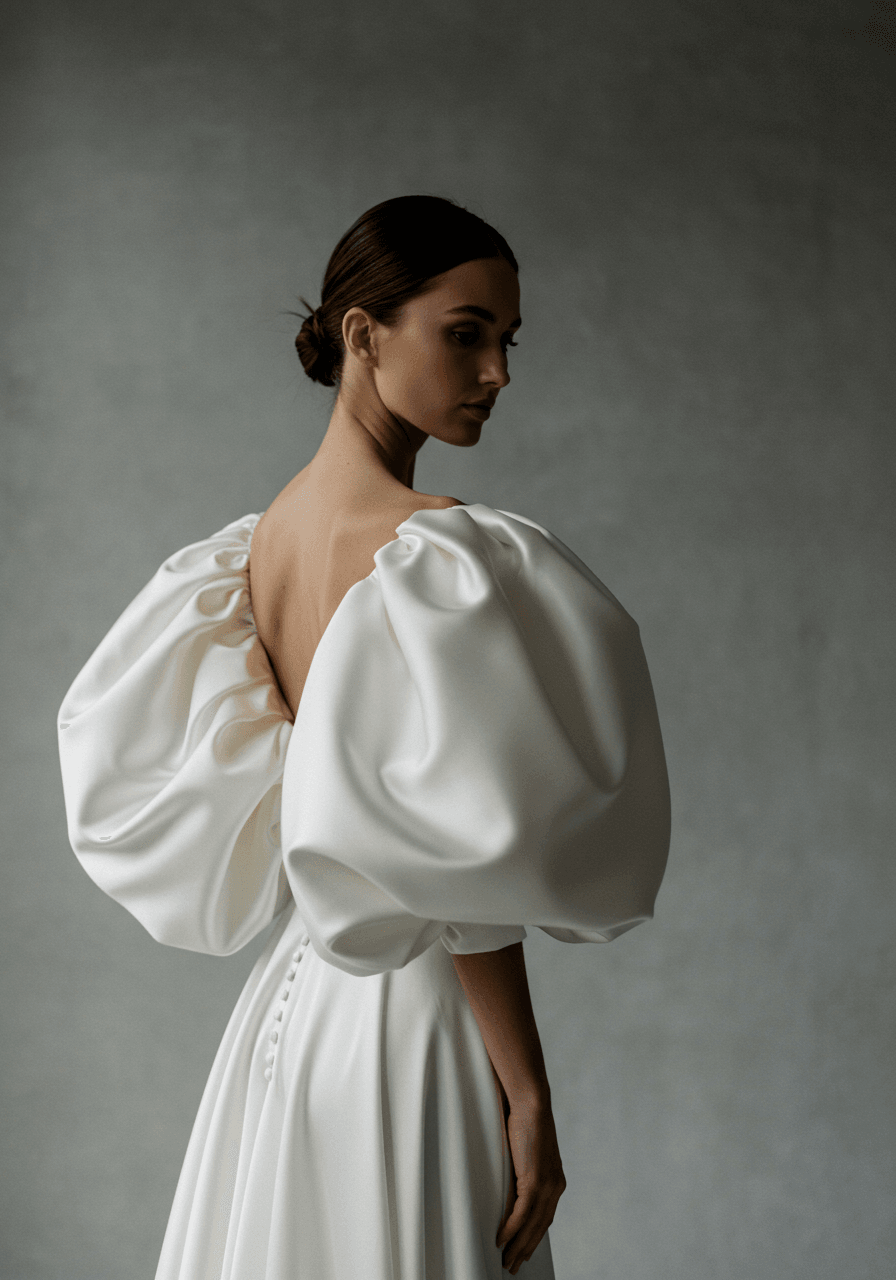 Bride in ivory satin wedding dress with dramatic voluminous puff sleeves in studio