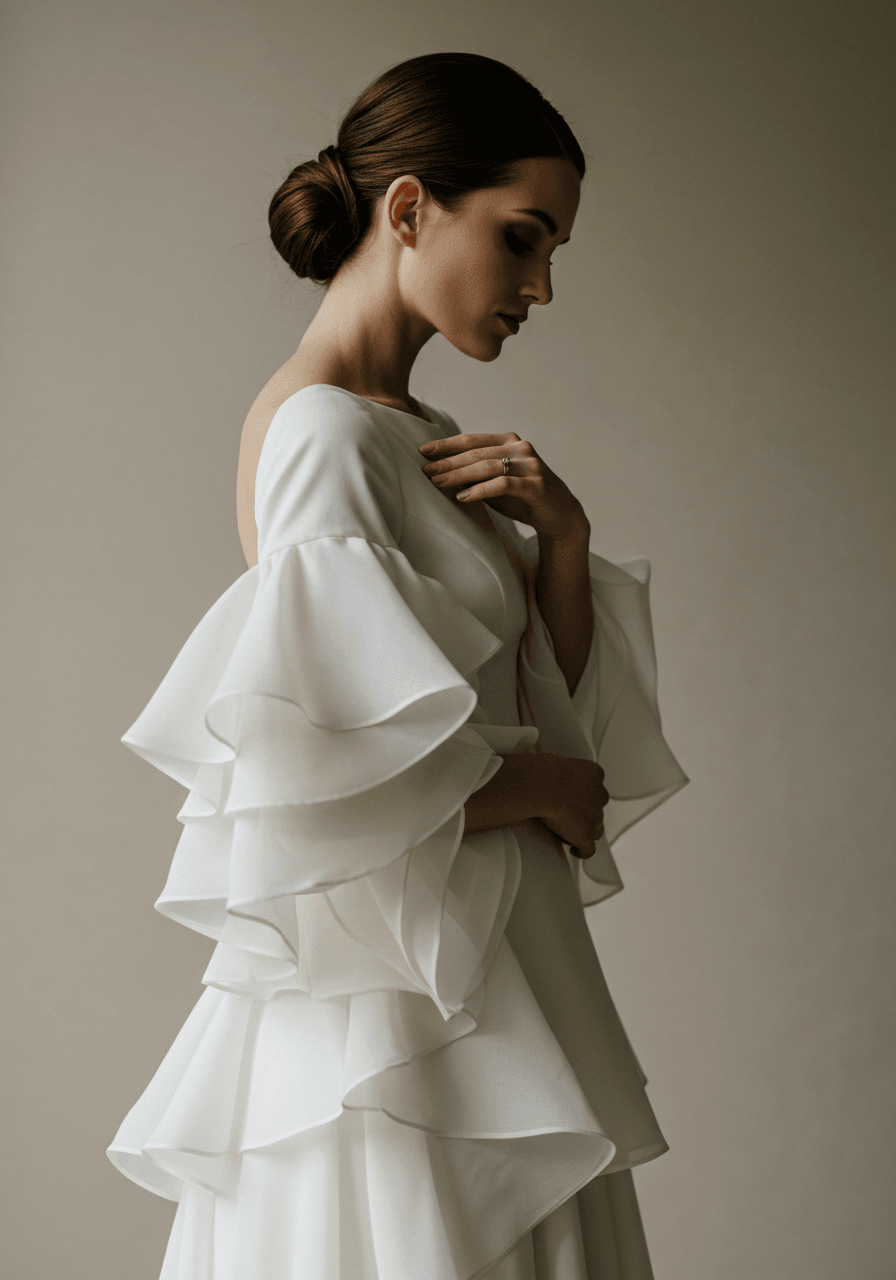 Profile shot of bride adjusting dramatic ruffled sleeves