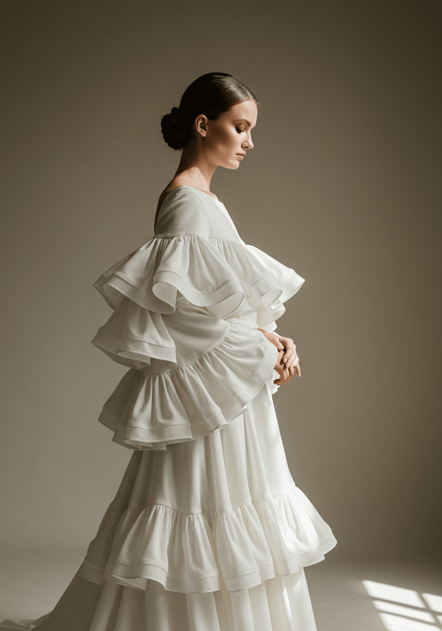 Bride in luxurious ivory crepe dress with cascading tiered ruffled sleeves