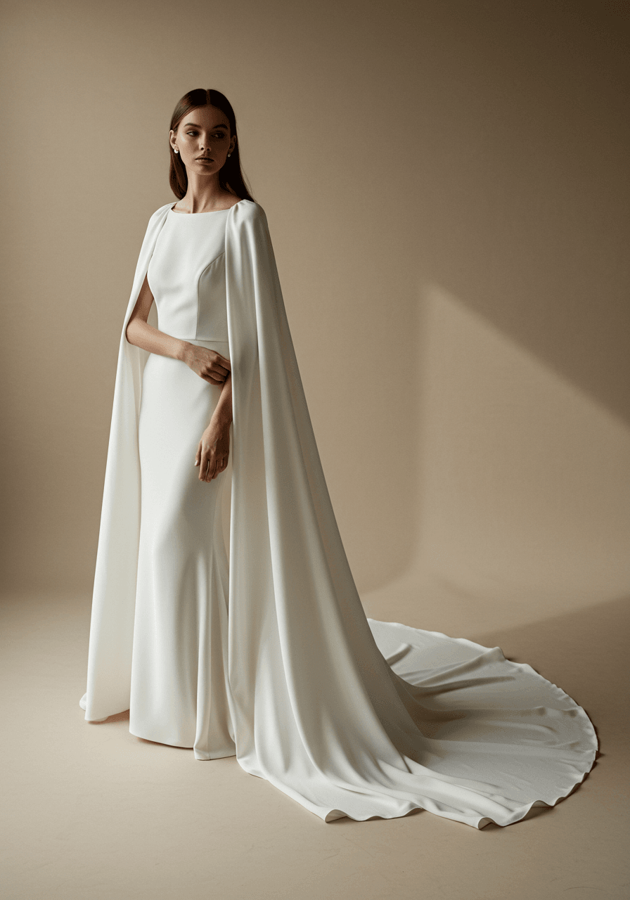 Full body shot of contemporary sheath silhouette with flowing cape elements