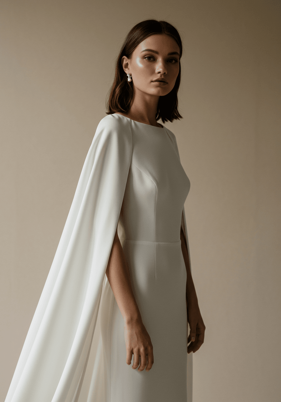 Bride in white satin minimalist dress with dramatic cape sleeve construction