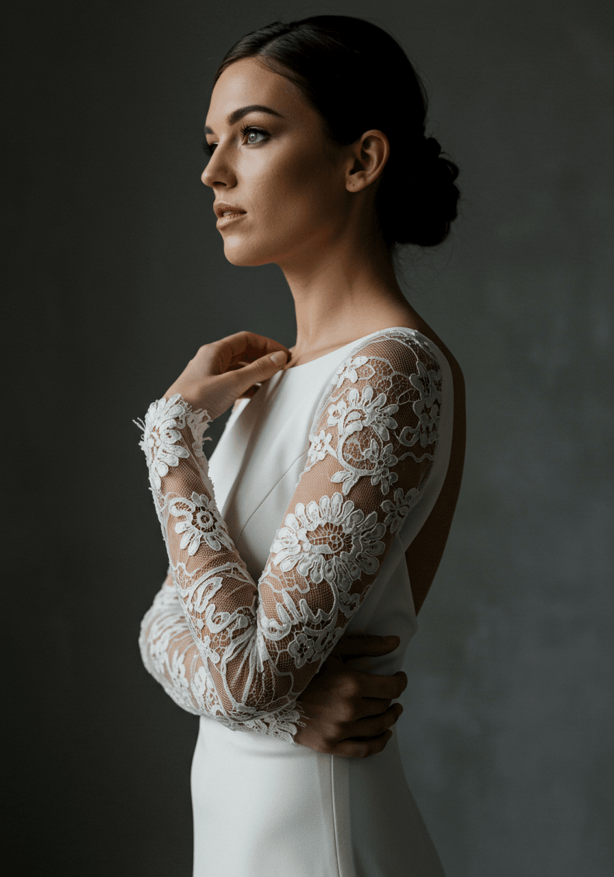 Bride in ivory gown with intricate tattoo-inspired lace sleeves featuring floral patterns