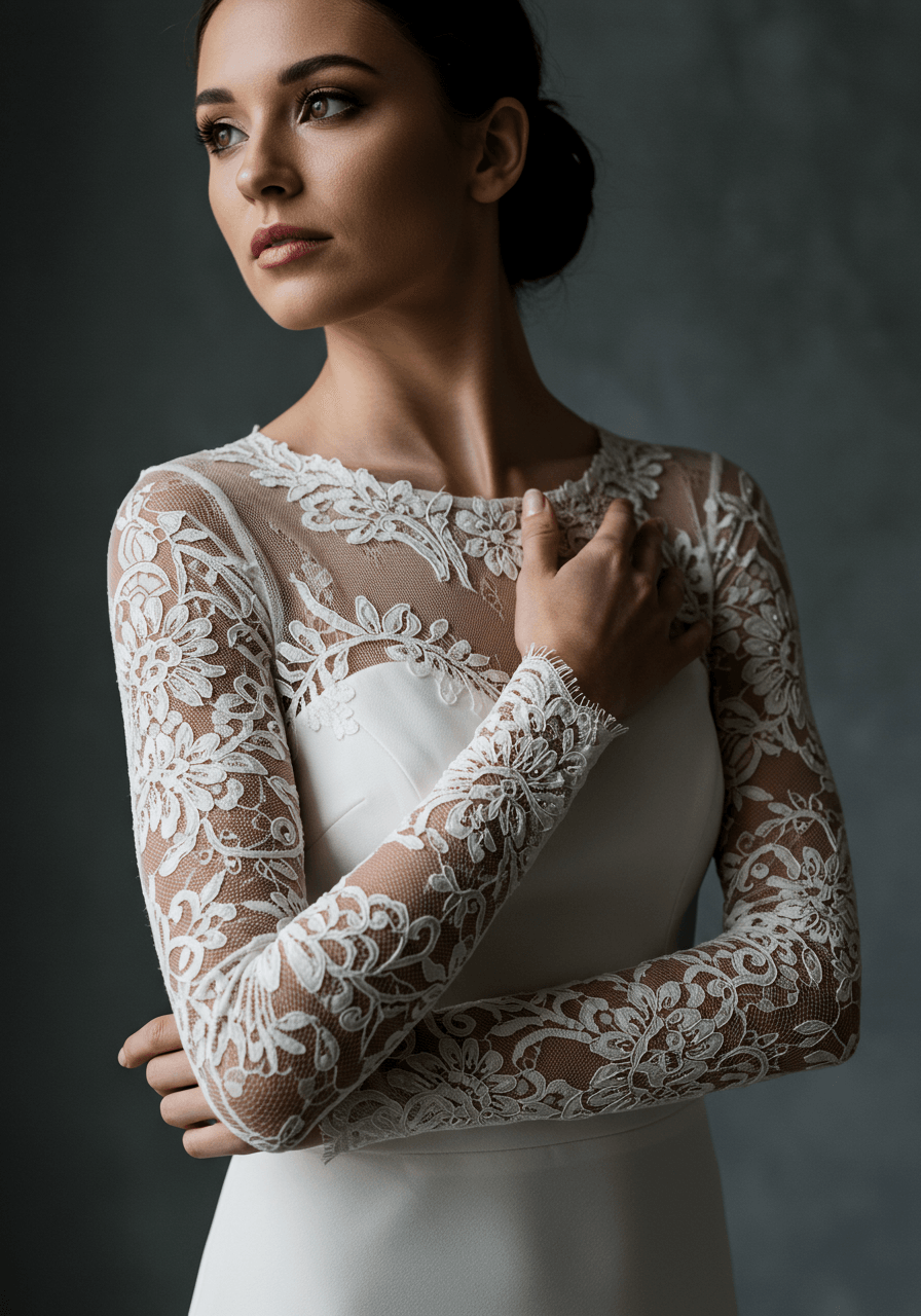 Close-up detail of intricate lace pattern work and elegant styling