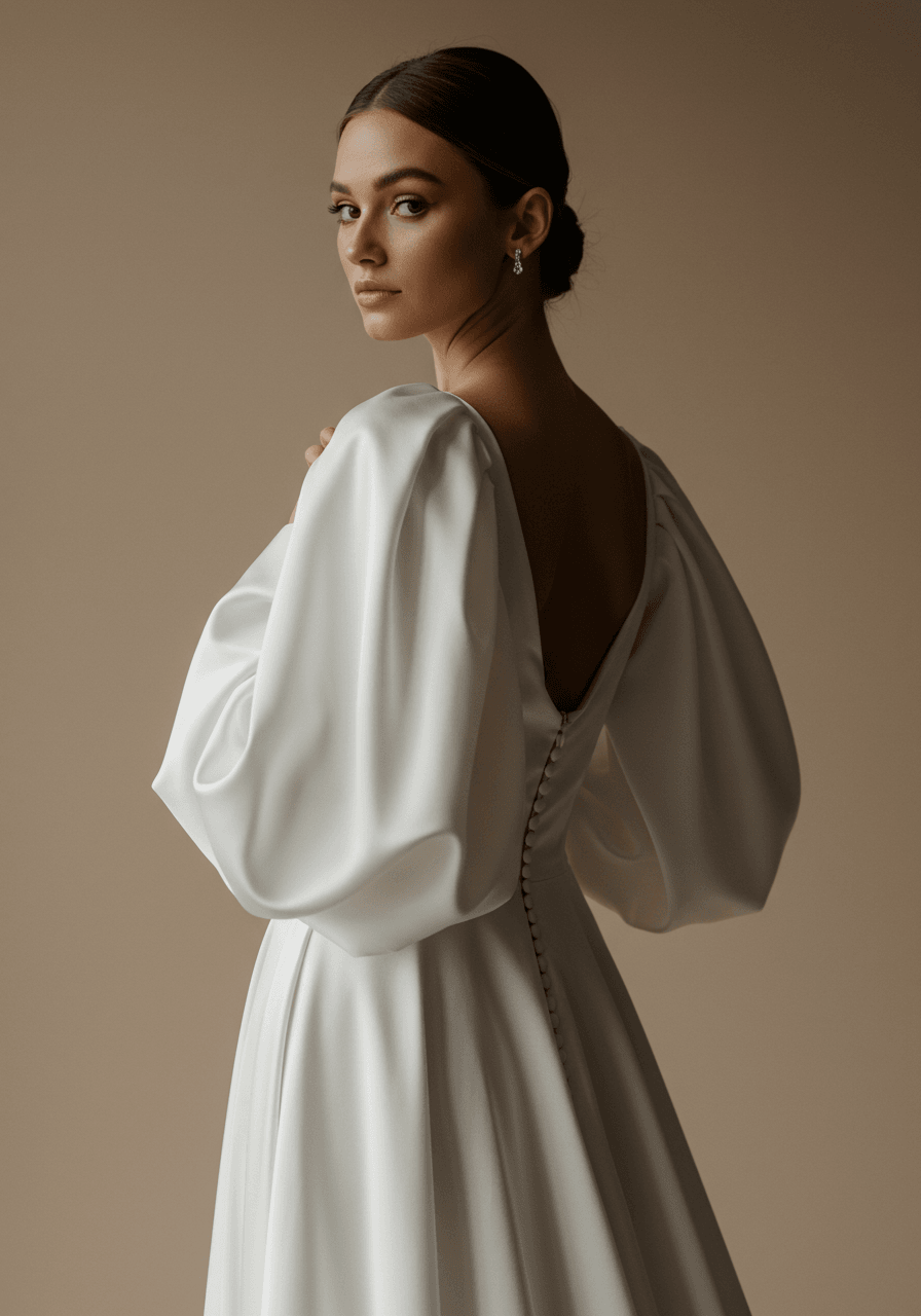 Bride in flowing white satin gown with billowing bishop sleeves in neutral studio environment