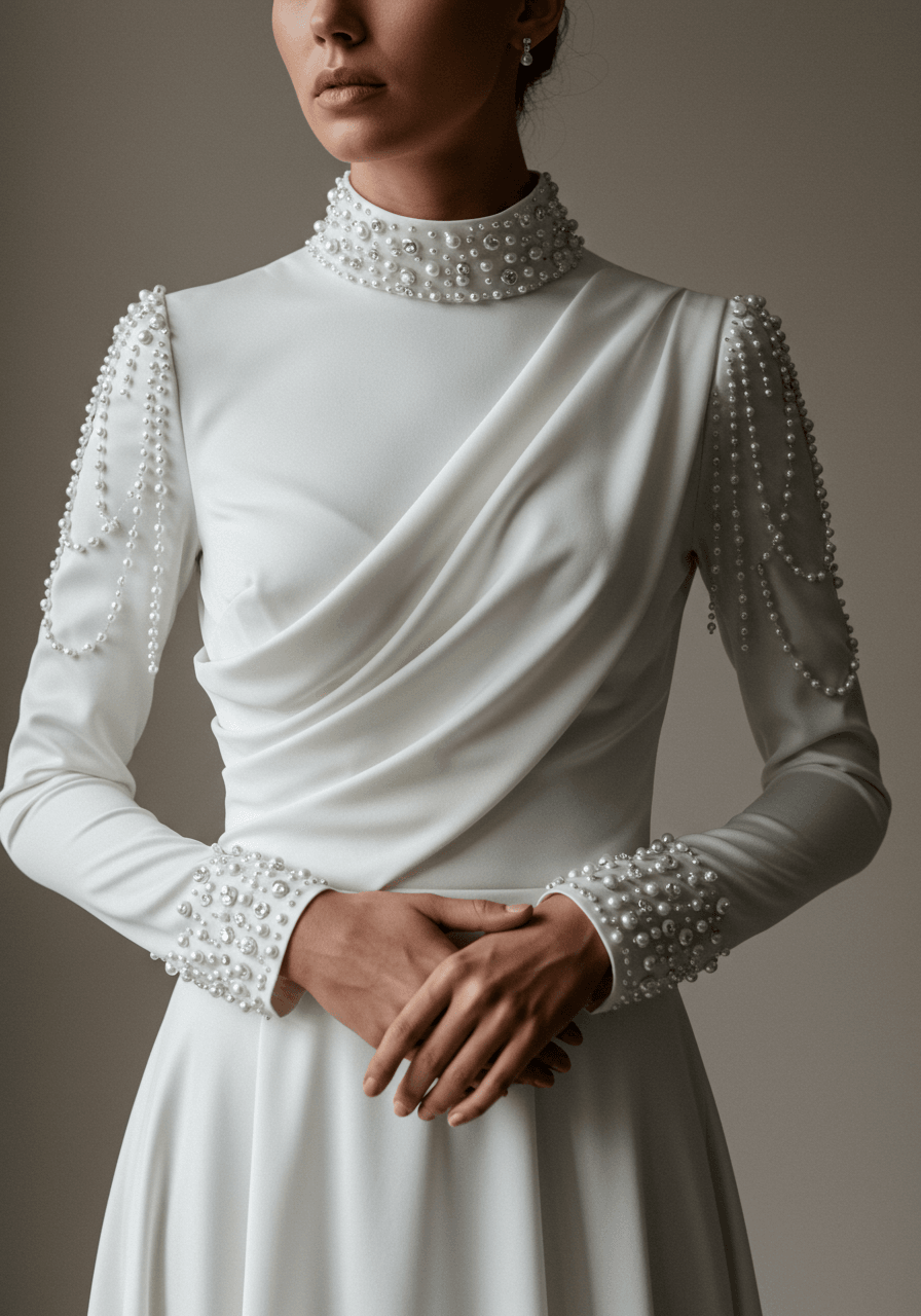 Bride in sleek wedding dress with cascading pearl details from collar to cuffs