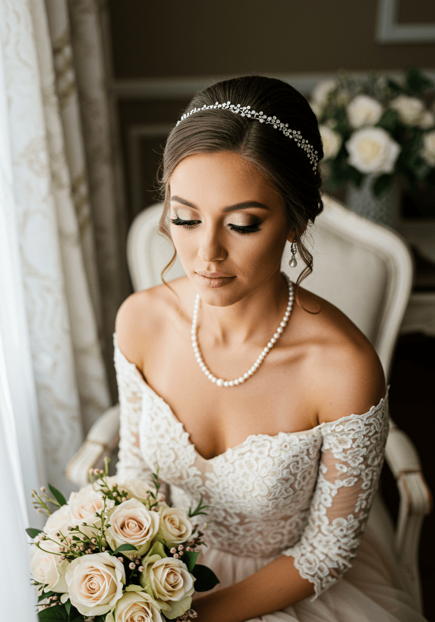 Sophisticated bride showcasing flawless nude makeup in soft romantic lighting