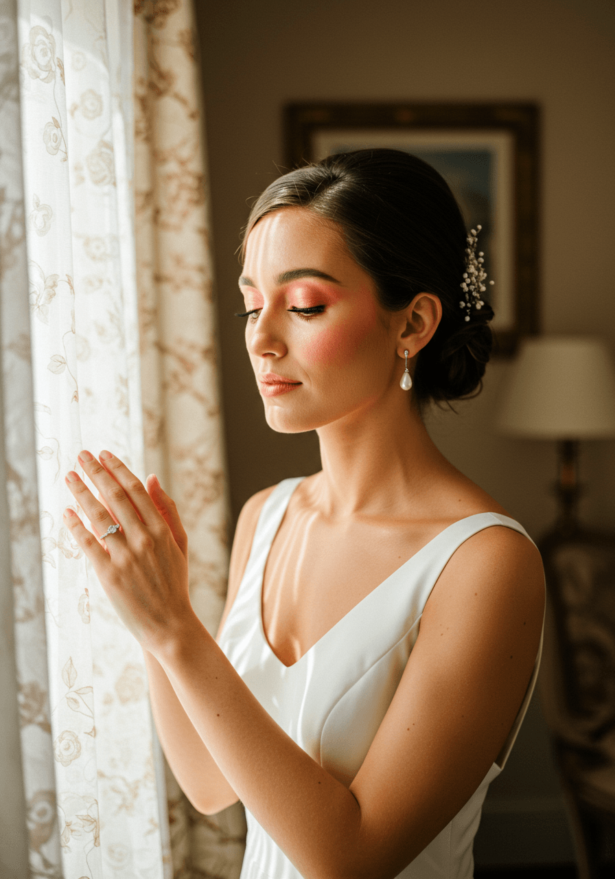 Bride with peachy coral eyeshadow and matching makeup tones in elegant bridal suite