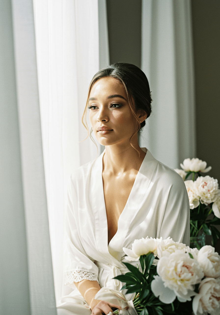 Bride with luminous dewy skin and natural glowing makeup in sunlit bridal suite