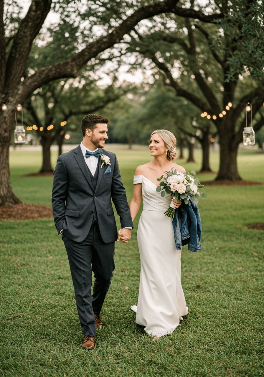 Close-up of walking couple in elegant attire during golden hour
