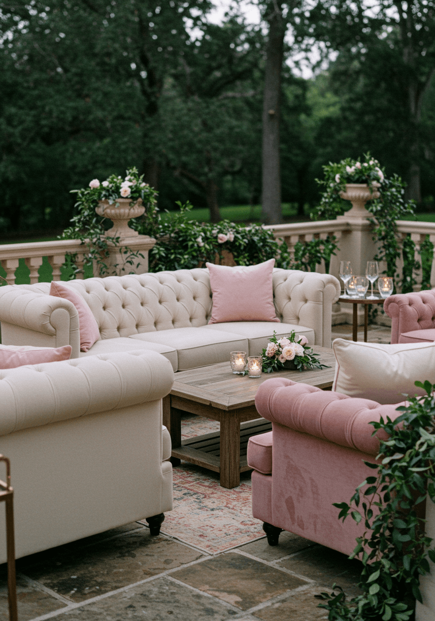 Cream-colored sofas arranged on elegant garden patio setting