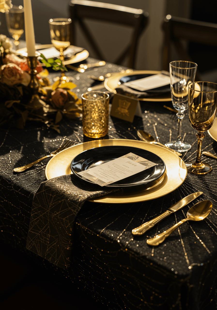 Wide geometric wedding table view with Art Deco patterns and dramatic metallic lighting
