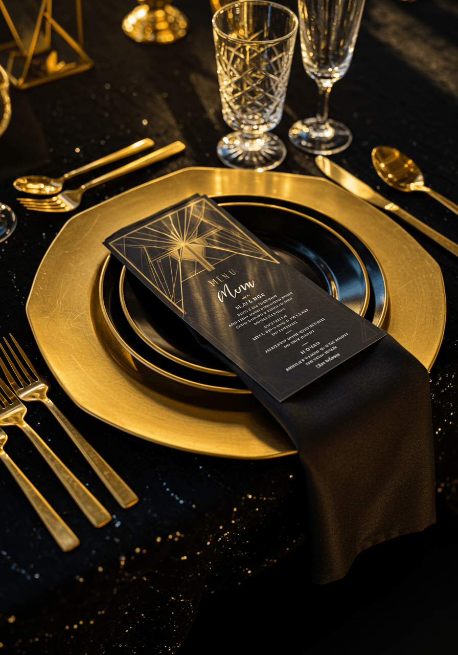 Close-up Art Deco place setting with hexagonal gold charger and geometric patterns on black tablecloth
