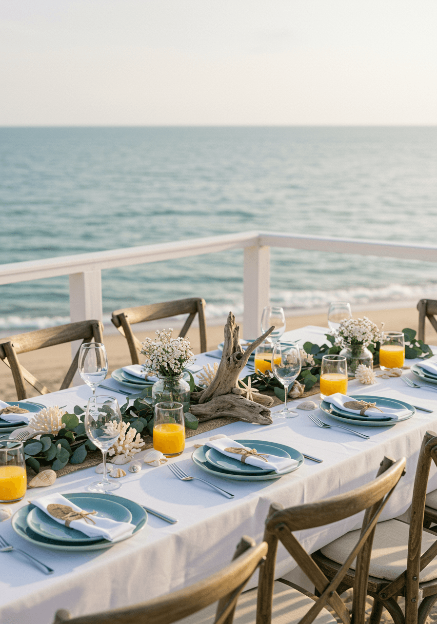 Beachfront wedding breakfast terrace with blue ceramic plates and driftwood centerpieces overlooking ocean