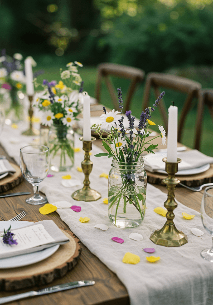 Bohemian garden brunch table with macrame runners and wildflower centerpieces in meadow setting