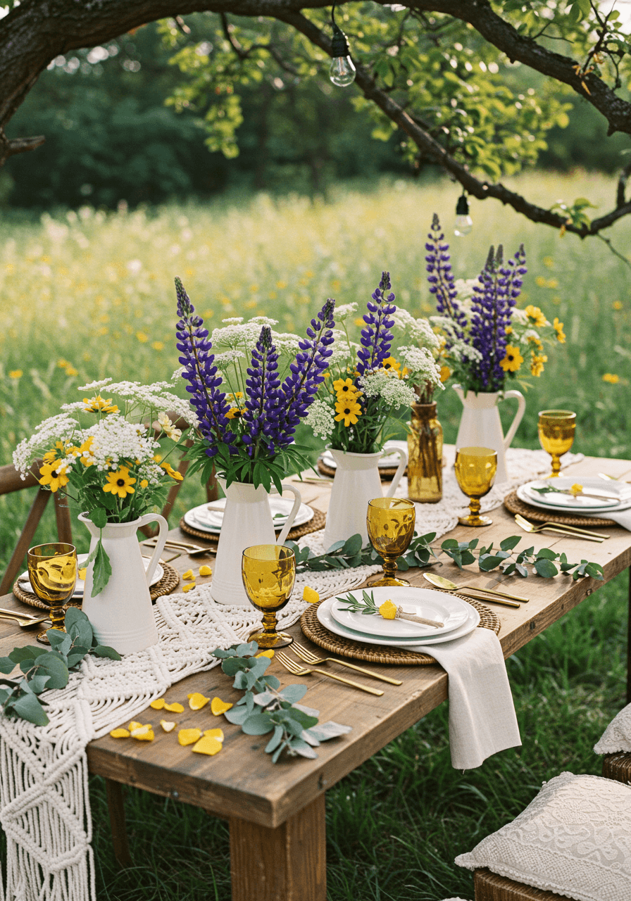 Bohemian wedding brunch table with macrame table runners and wildflower meadow in rustic garden clearing